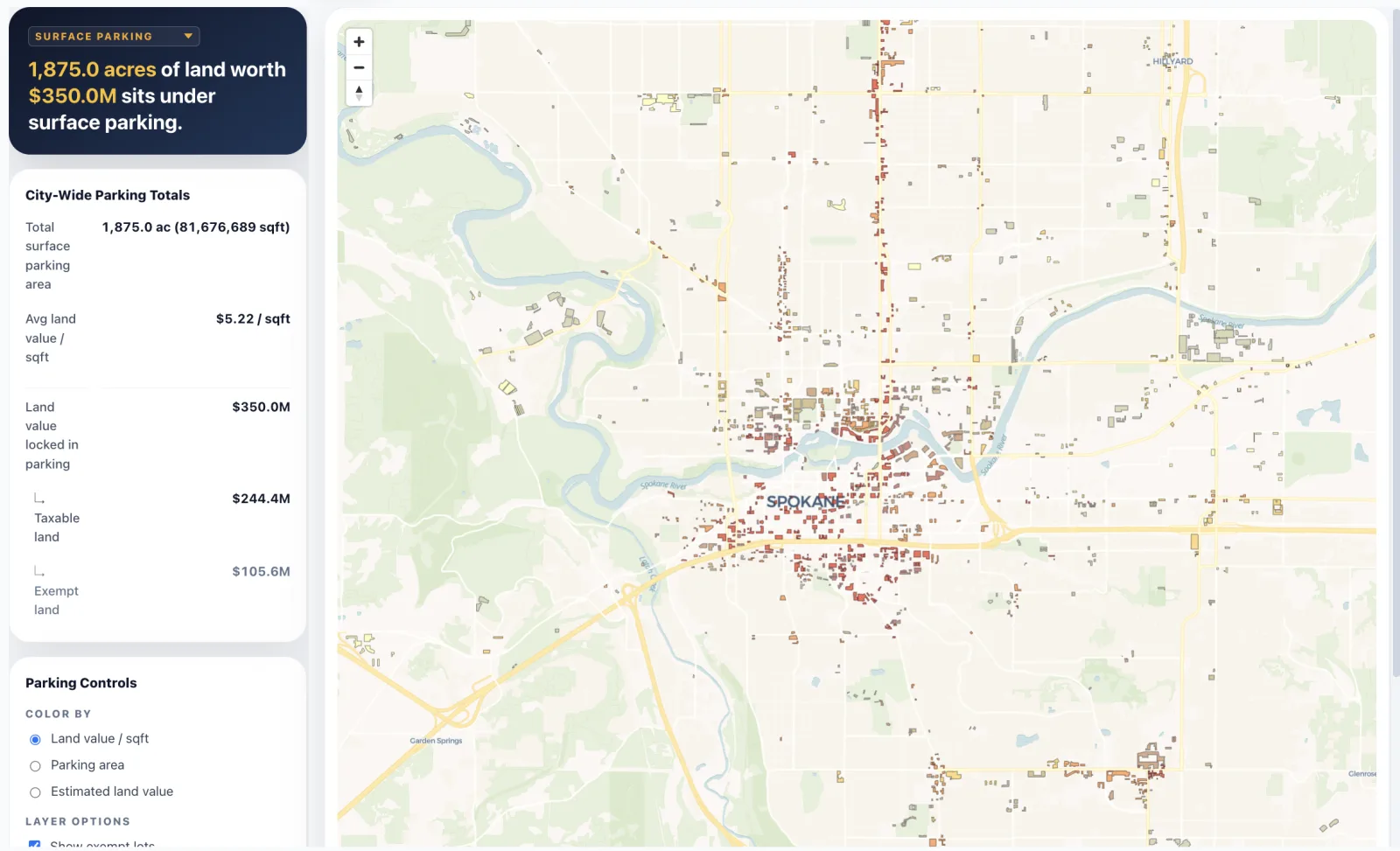 CivicMapper surface-parking view of Spokane, with city-wide totals for parking area and land value